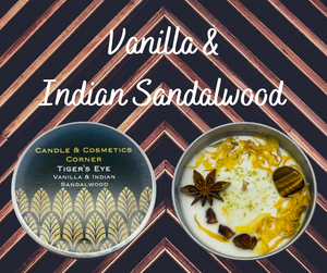 Tiger's Eye Crystal Soy Wax Candle, infused with Vanilla & Indian Sandalwood fragrance