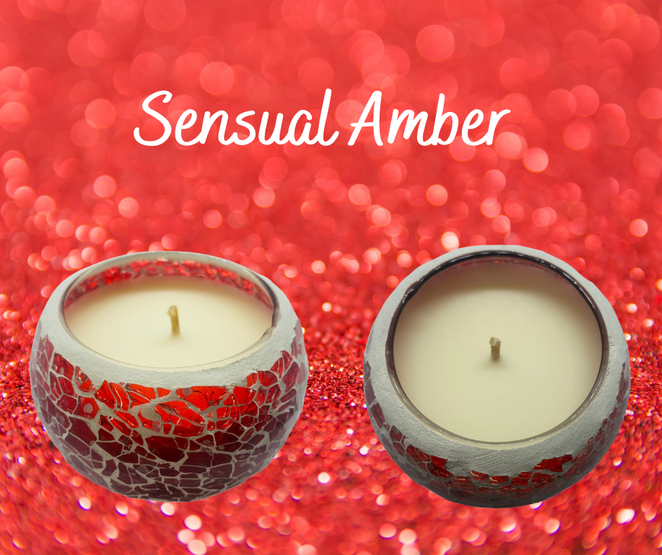 Red Crackle Mosaic Soy Wax Candle fragranced with Sensual Amber