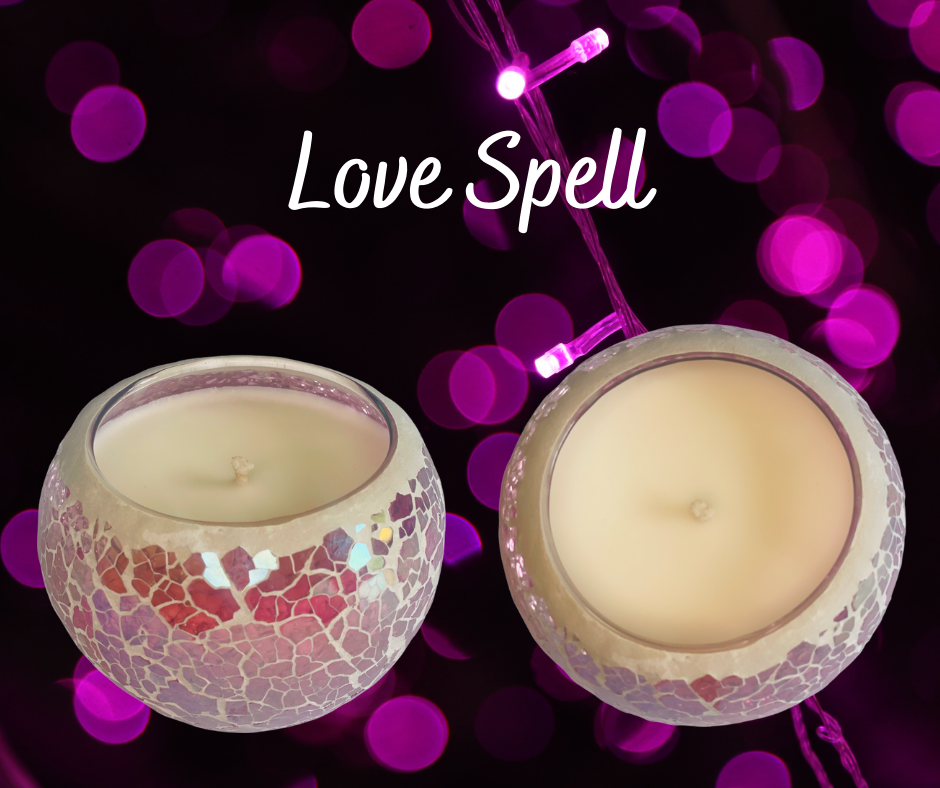 Pink Crackle Mosaic Soy Wax Candle infused with Love Spell fragrance