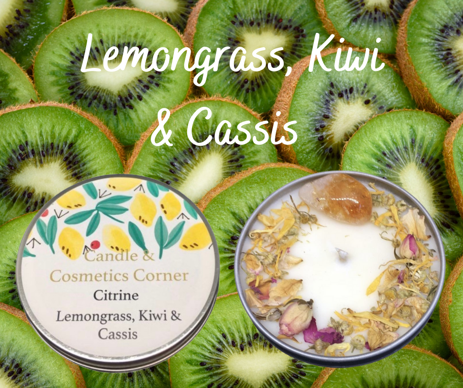 Citrine Crystal Soy Wax Candle, infused with Lemongrass, Kiwi & Cassis fragrance