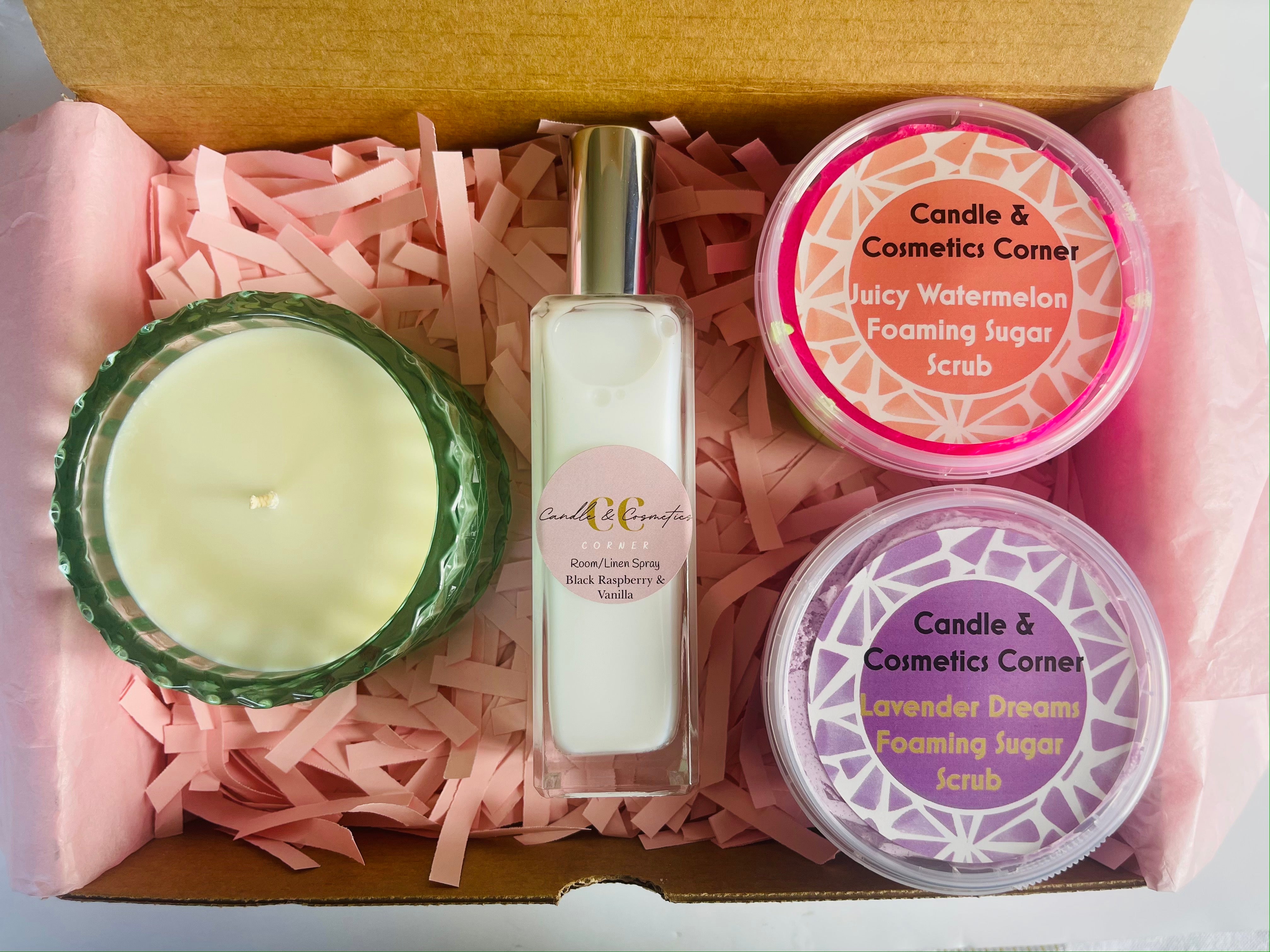 Gift Box #6 - Venus Soy Candle, Foaming Sugar Scrubs, Room/Linen Spray