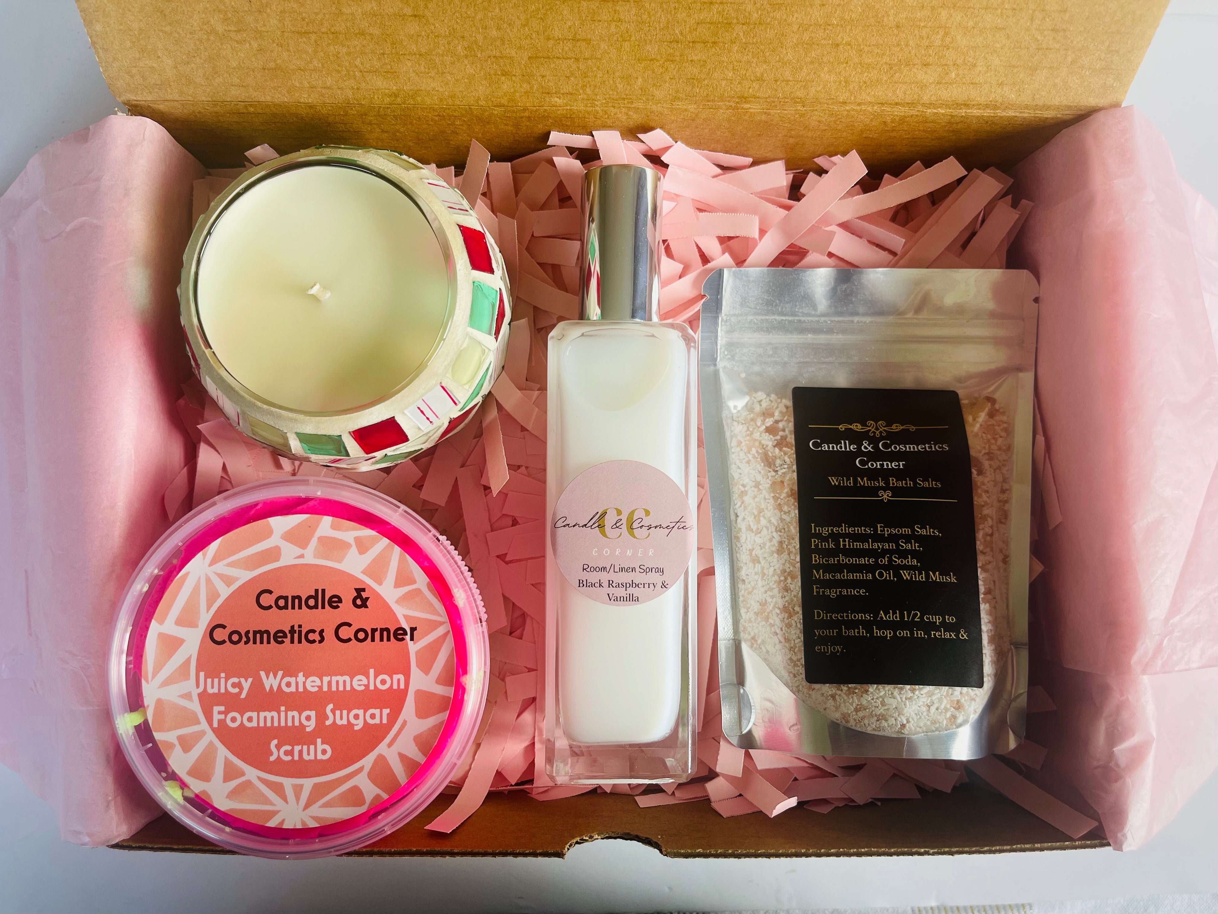 Gift Box #5 - Mosaic Soy Wax Candle, Foaming Sugar Scrub, Room/Linen Spray, Bath/Foot Salts