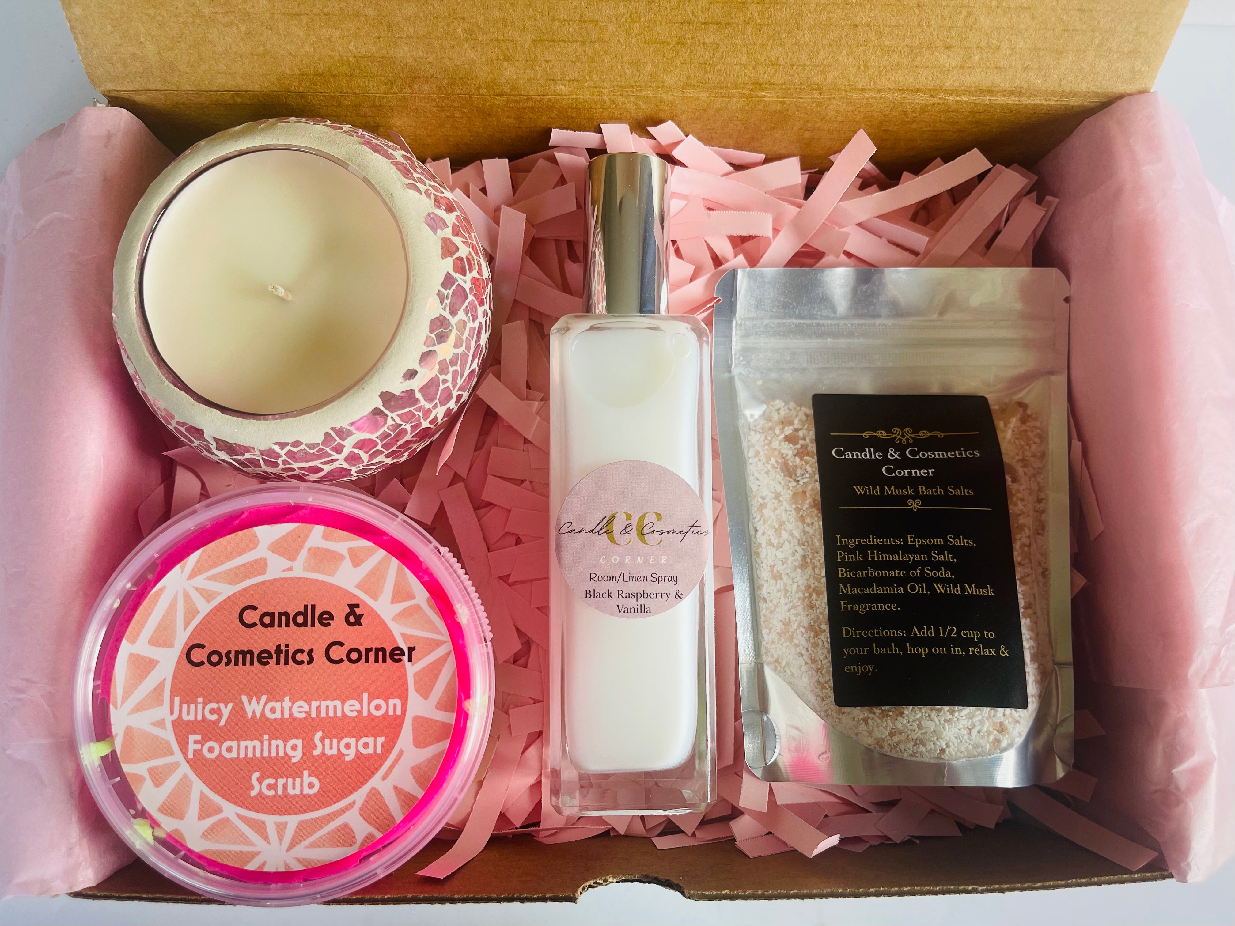 Gift Box #5 - Mosaic Soy Wax Candle, Foaming Sugar Scrub, Room/Linen Spray, Bath/Foot Salts