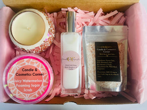 Gift Box #5 - Mosaic Soy Wax Candle, Foaming Sugar Scrub, Room/Linen Spray, Bath/Foot Salts