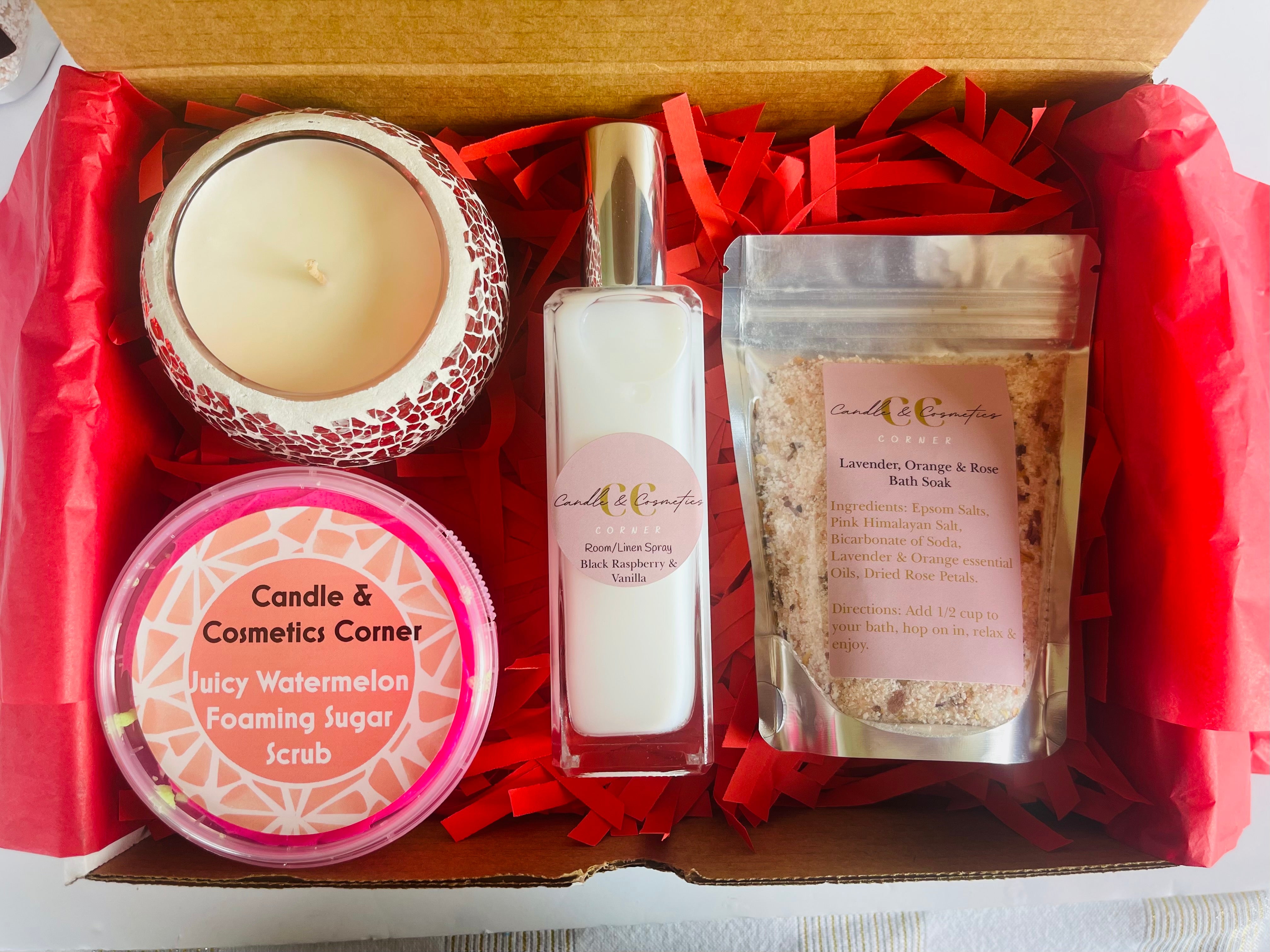 Gift Box #4 Mosaic Soy Candle, Foaming Sugar Scrub, Room/Linen Spray, Bath/Foot Soak